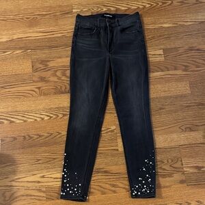 Express Black Skinny High Rise Jeans with Pearl Hem Accents